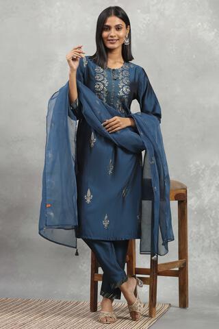 Rangriti Blue Polyester Blend Printed Gathered Suit Set in Blue