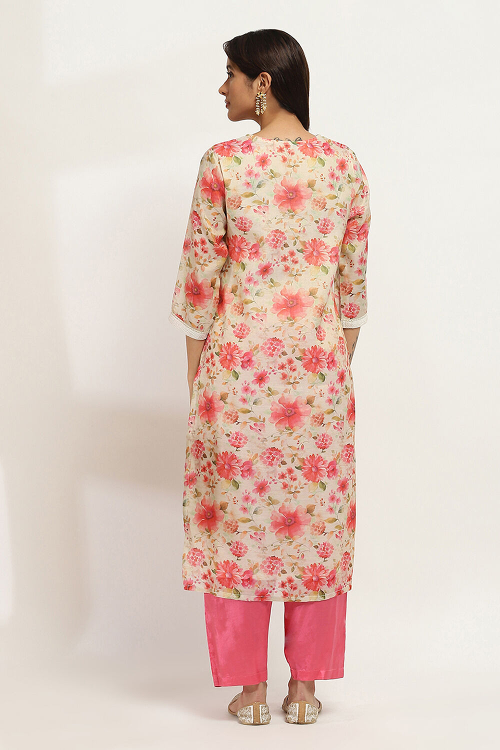 Beige and Pink Floral Straight Suit Set image number 4