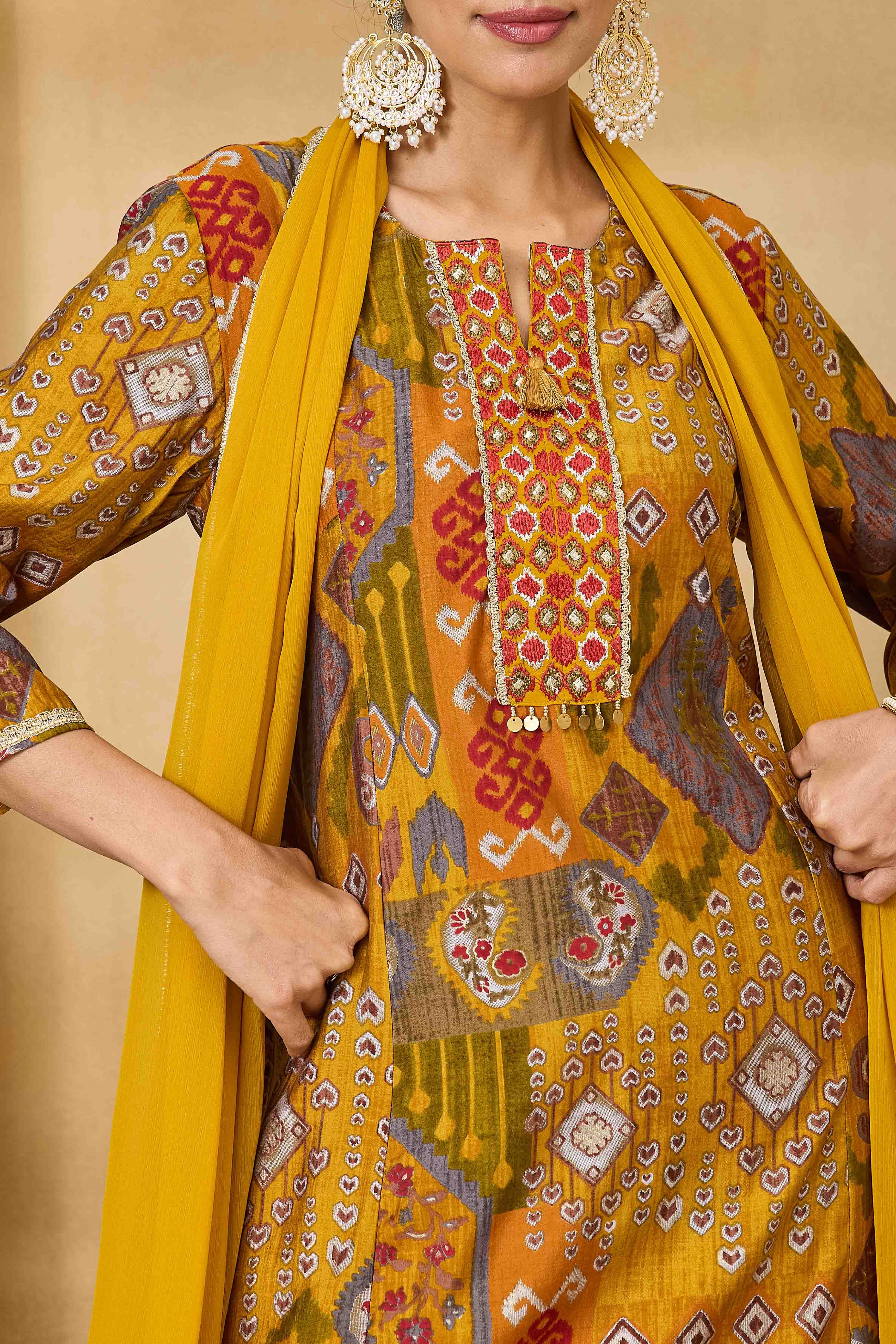Yellow Viscose Blend Straight Printed Suit Set image number 1