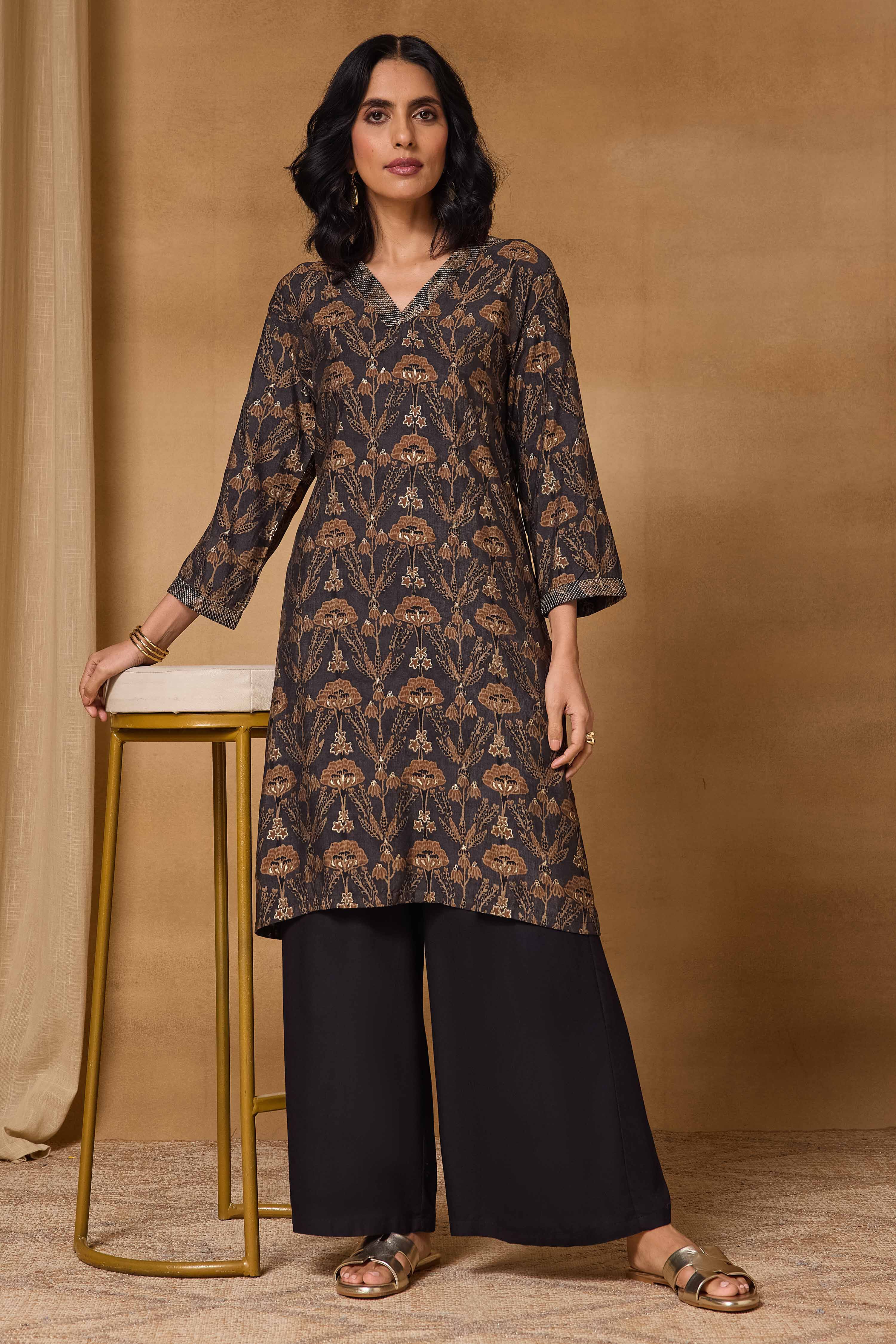 Grey Viscose Blend Straight Printed Kurta image number 0