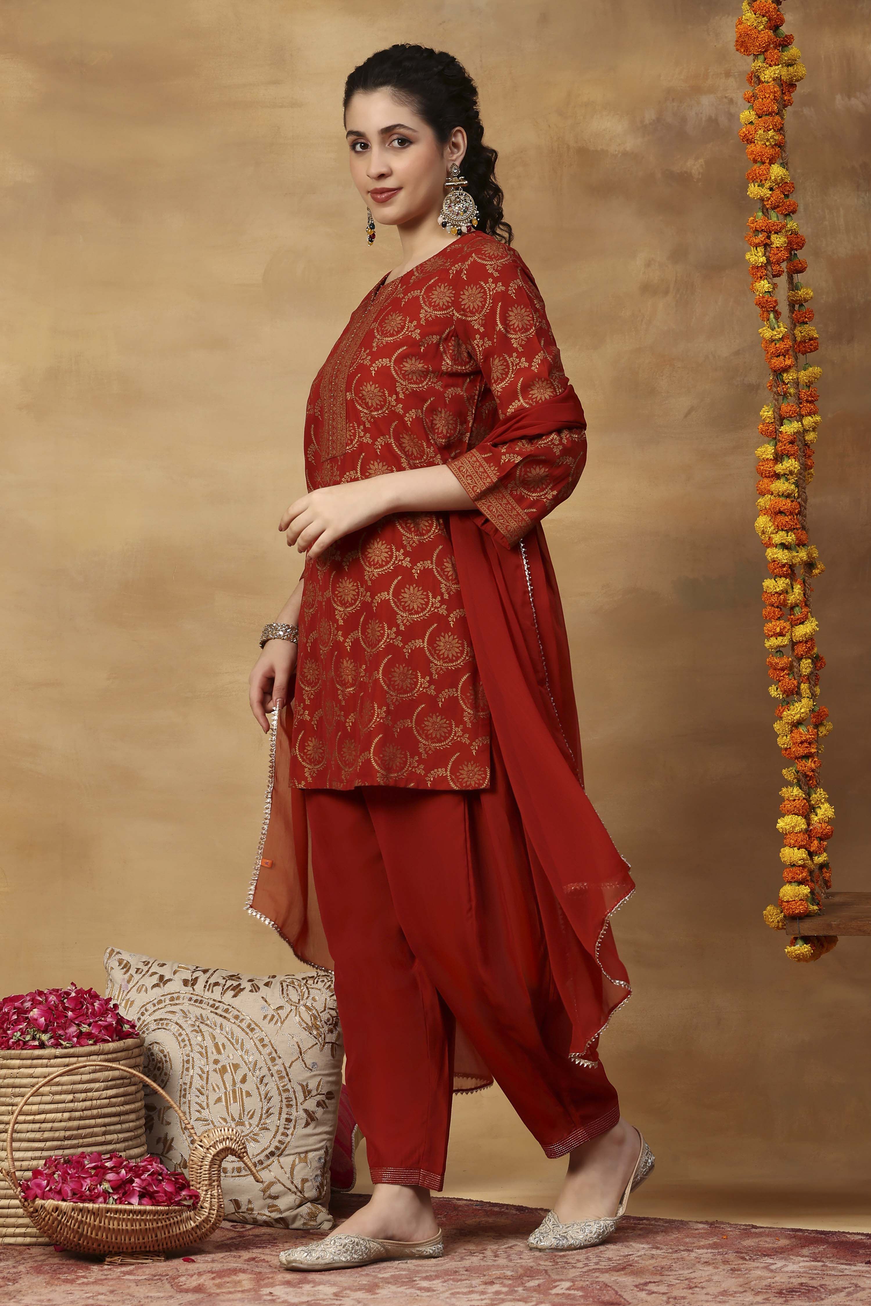 Orange Printed Poly Viscose Straight Kurta Set image number 3
