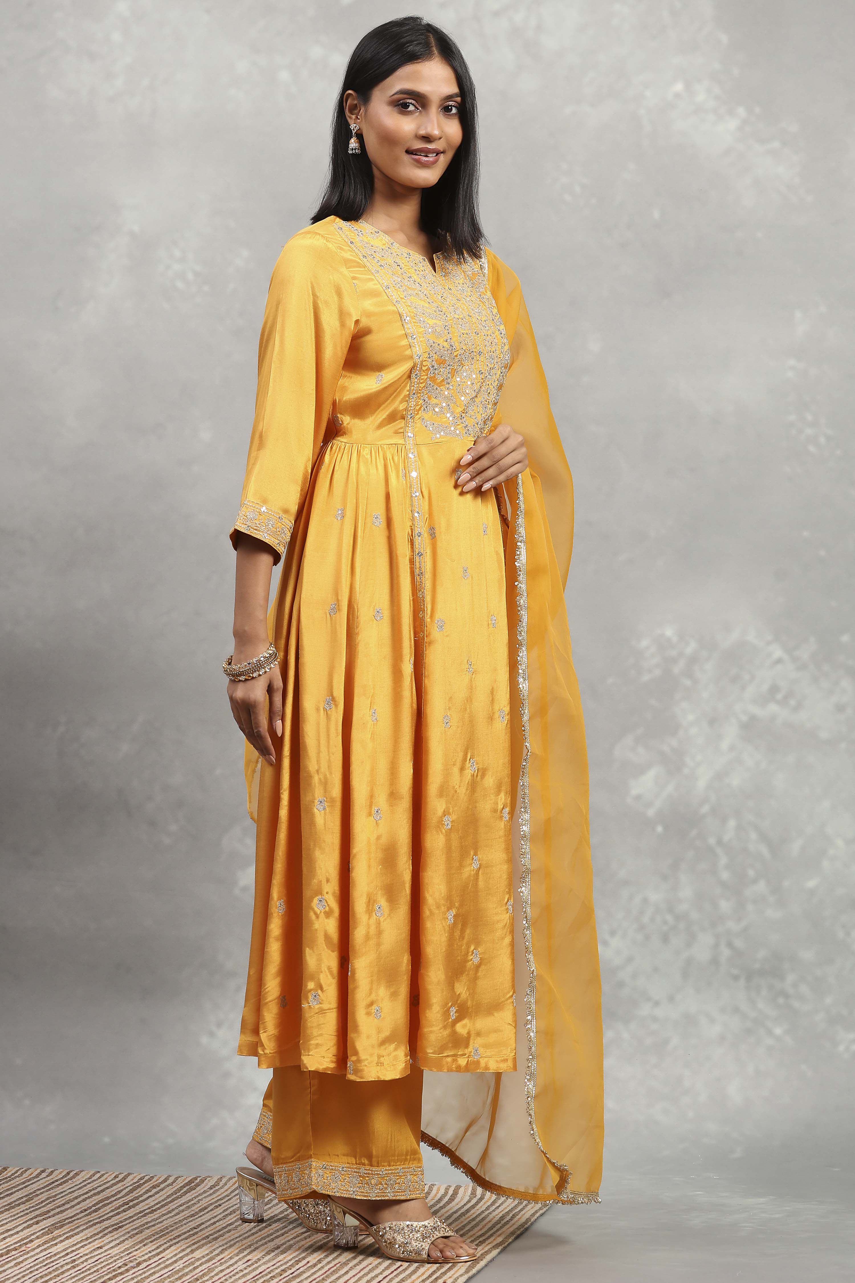 Yellow Viscose Rayon Embroidered Gathered Suit Set image number 5