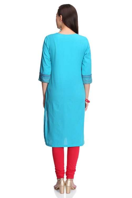 Turquoise Straight Cotton Kurta image number 5