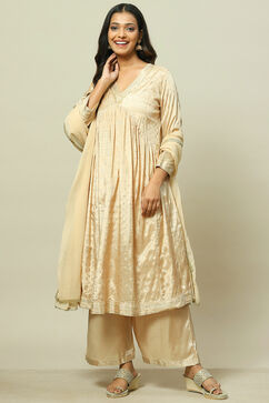 Beige LIVA Woven Tired Kurta Suit Set image number 7