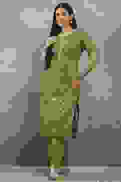 Green Polyester Straight Kurta Pants Set image number 0