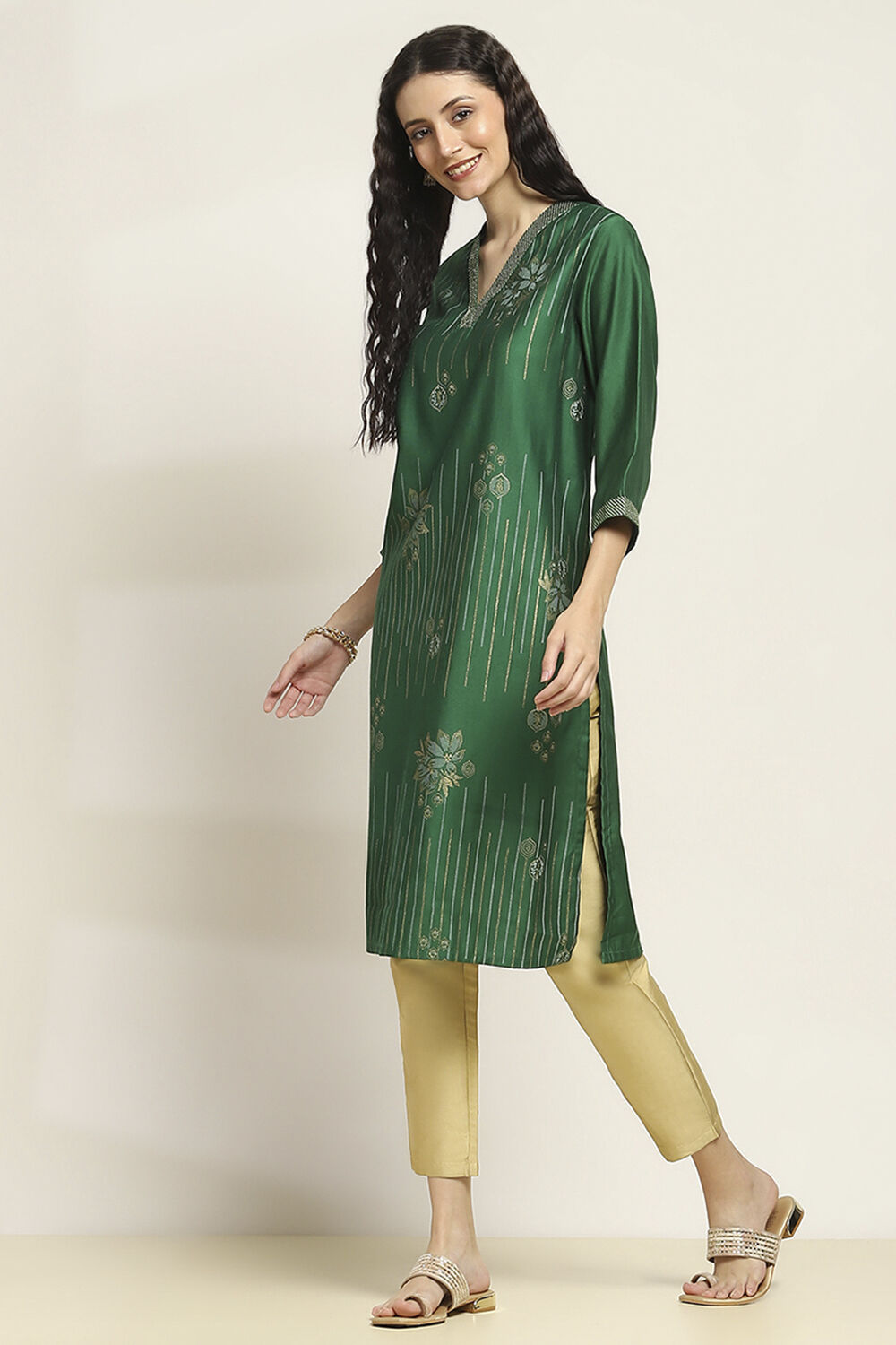 Green Printed Straight Kurta image number 2