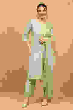 Green Viscose Blend Embroidered Straight Suit Set image number 6