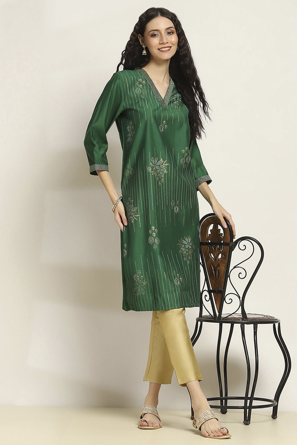 Green Printed Straight Kurta image number 0