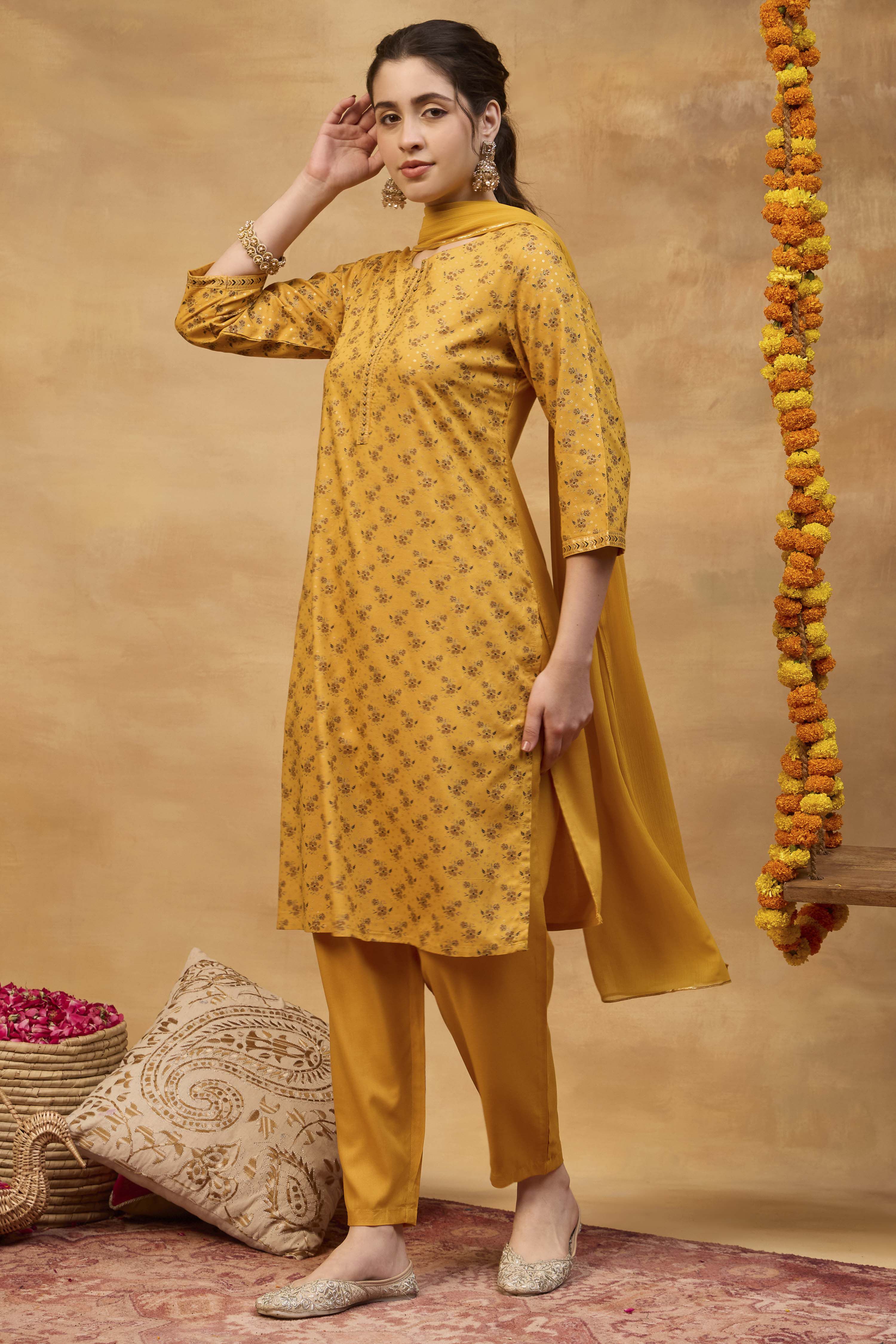 Yellow Viscose Rayon Straight Printed  image number 3