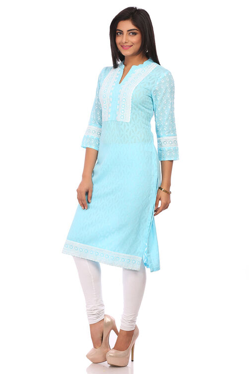 Sky Blue Cotton Straight Kurta image number 3