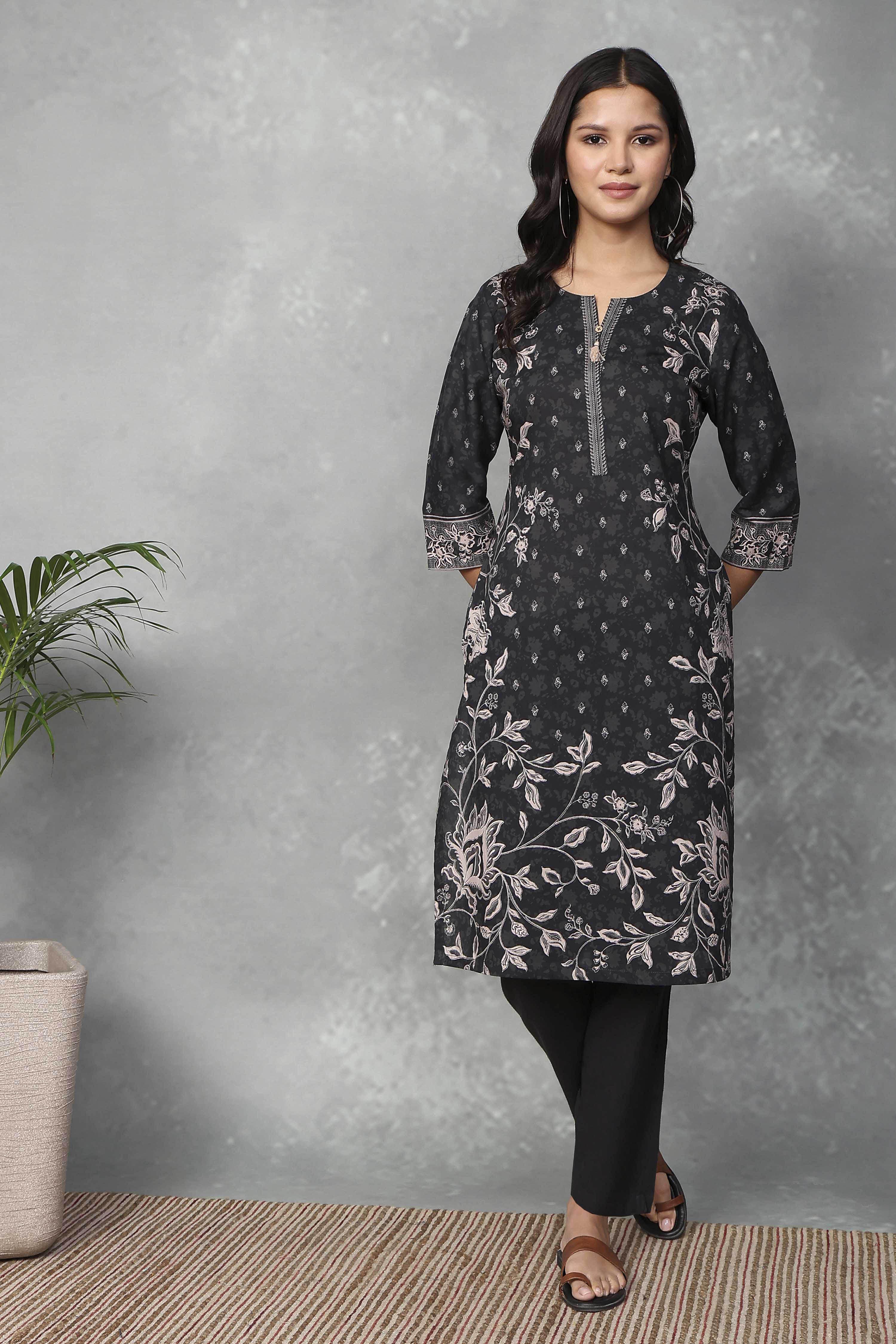 Black Cotton Printed Straight Kurta image number 0
