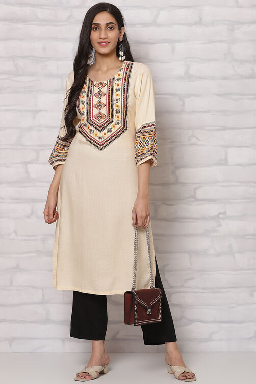 Cream LIVA Straight Kurta image number 5