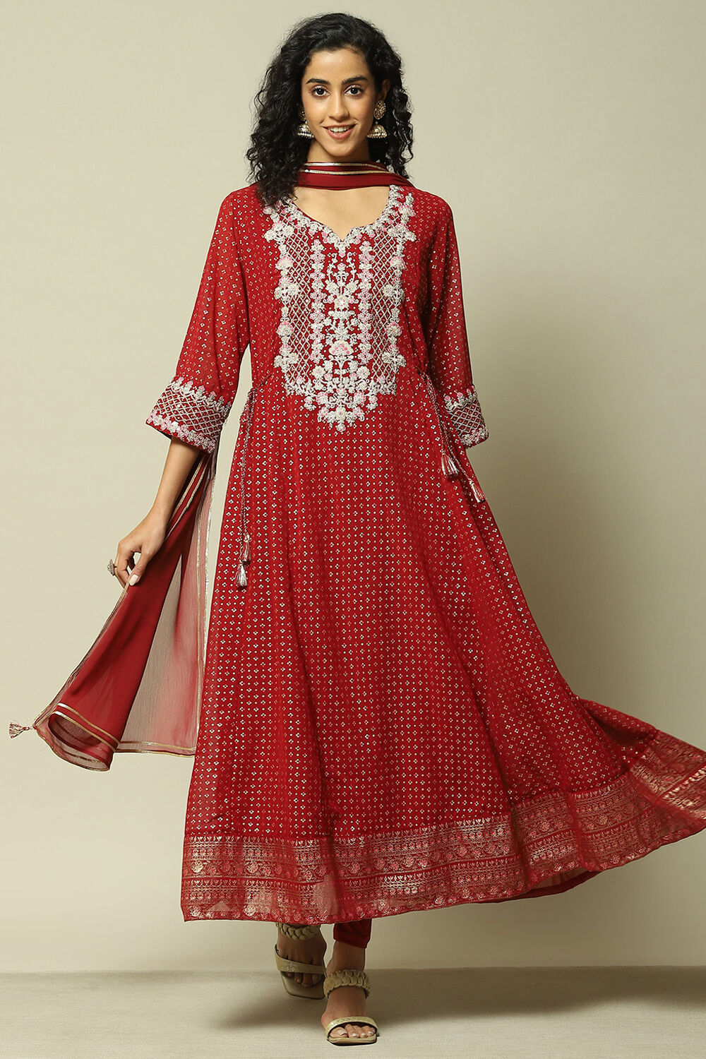 Ecru Polyester Kalidar Printed Kurta Legging Suit Set image number 7