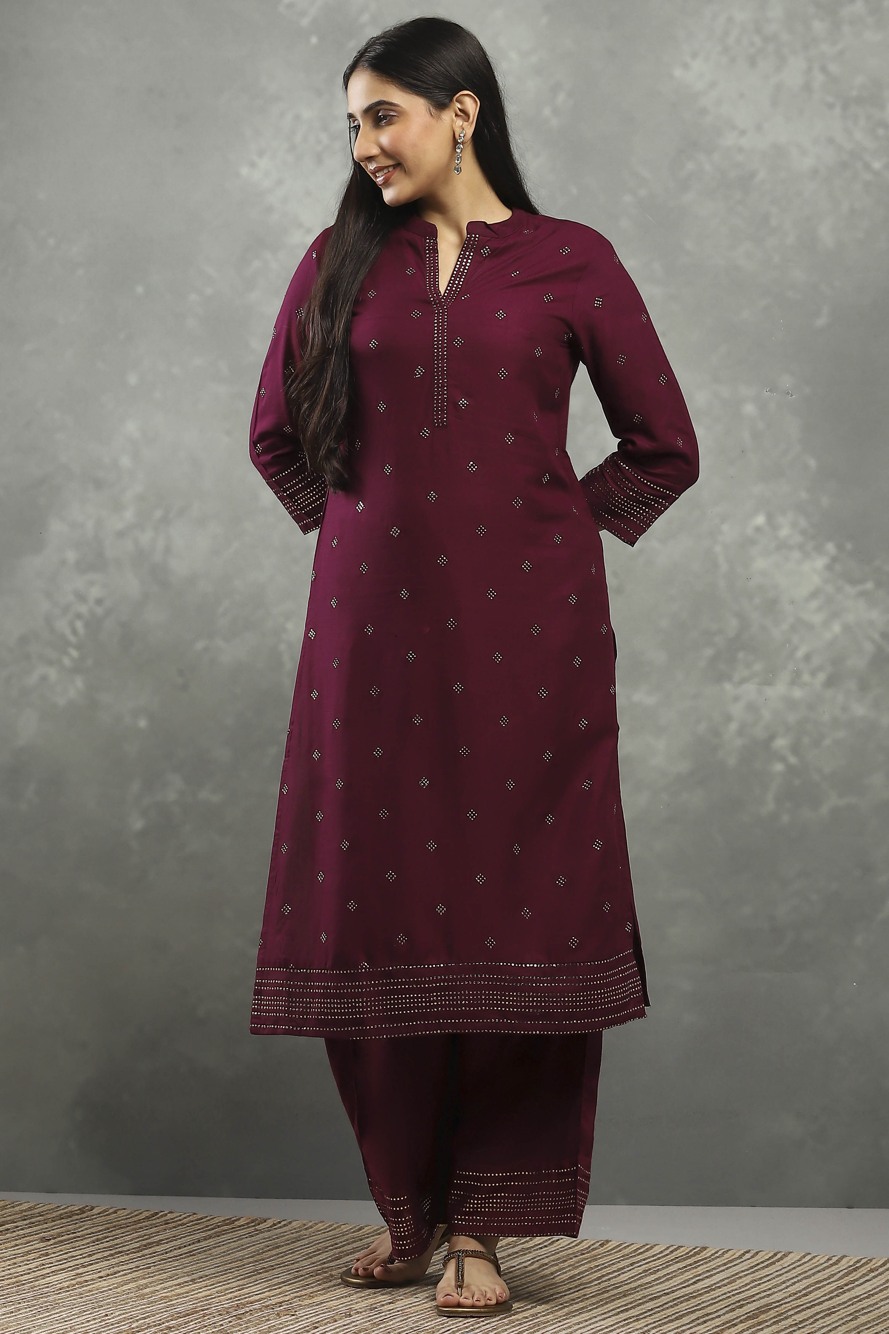 Purple Viscose Straight Kurta Pants Set image number 6