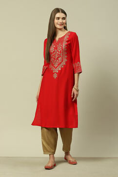 Red LIVA Straight Printed Kurta image number 5