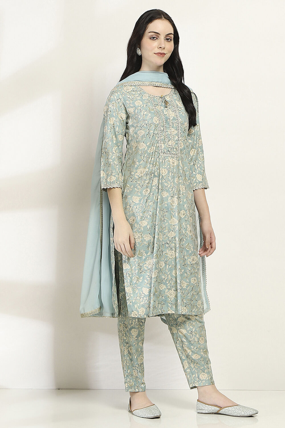 Ice Blue Printed Straight Suit Set image number 5