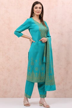 Turquoise Art Silk Straight Suit Set image number 6