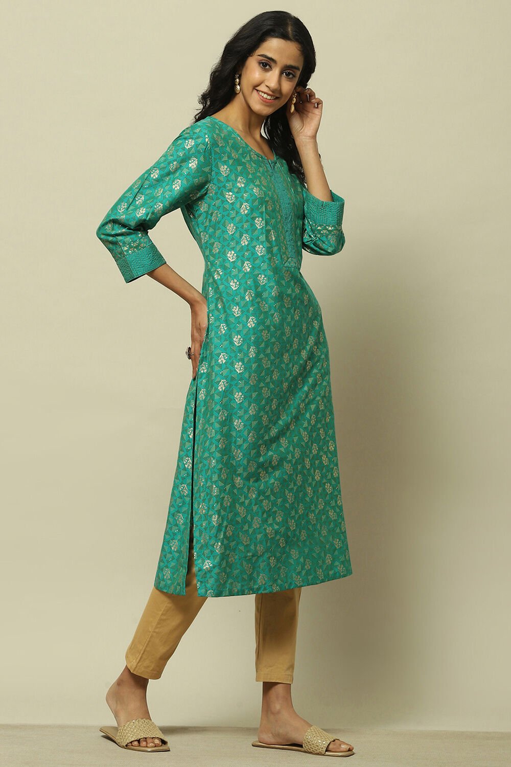 Green Viscose Printed Straight Kurta image number 4