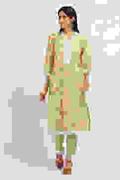 Green Cotton Floral Straight Kurta Set image number 6