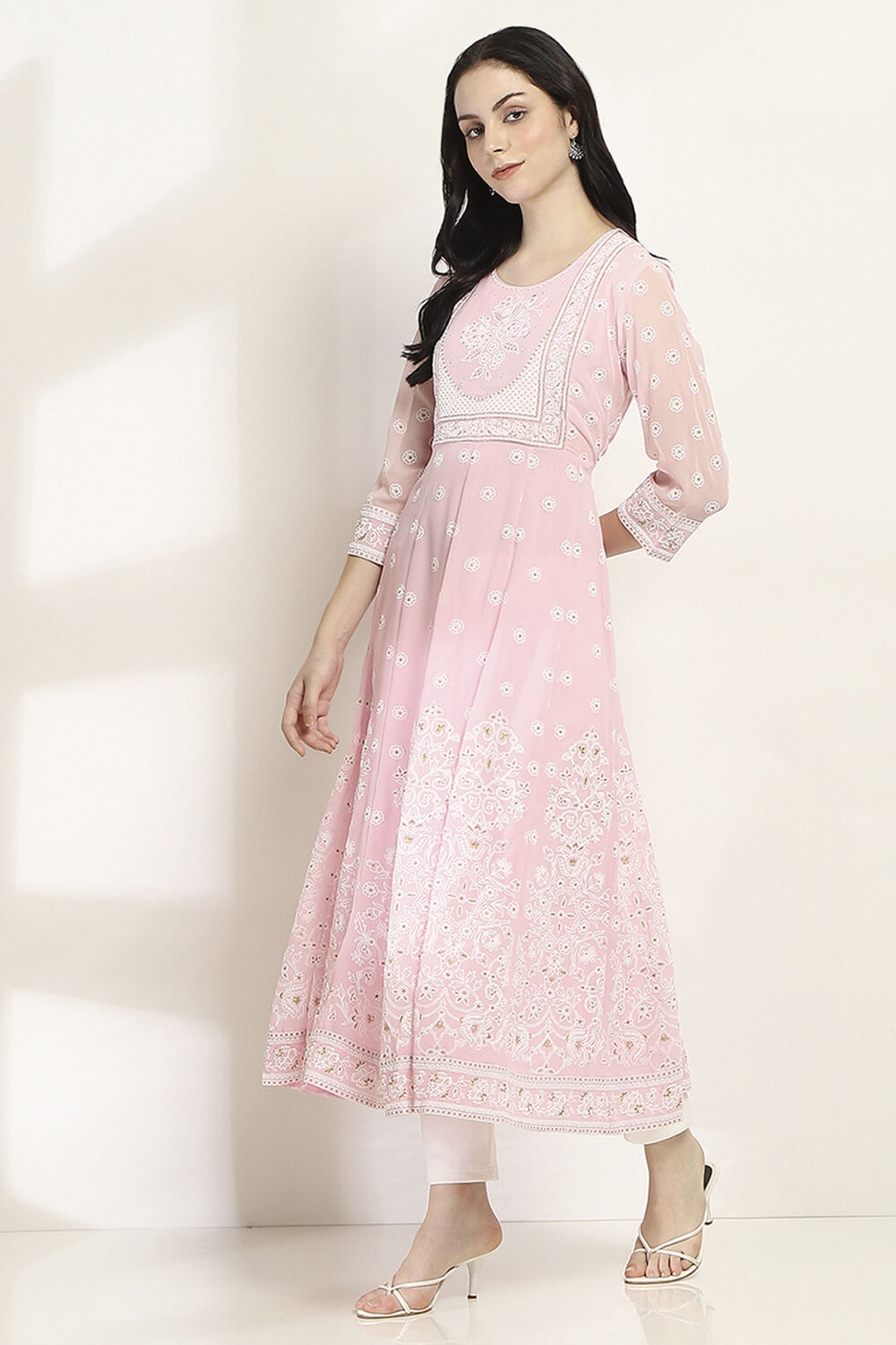Pink Printed Kalidar Kurta image number 2