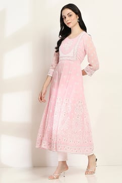 Pink Printed Kalidar Kurta image number 2