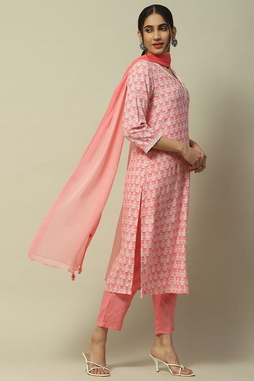 Green Printed Straight Kurta & Pants Suit Set image number 6