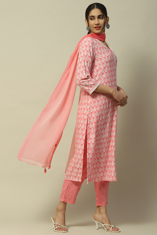 Green Printed Straight Kurta & Pants Suit Set image number 6