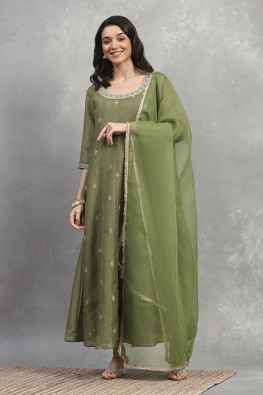 Green Tissue Solid Anarkali Dress image number 2