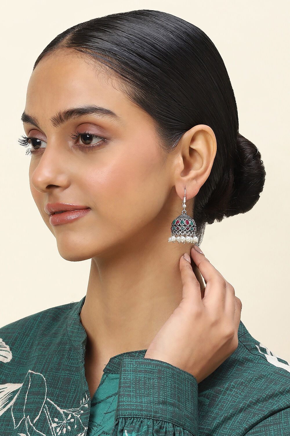Pink-Green Alloy Jhumkas image number 3