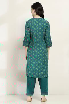 Teal Printed Straight Kurta Set image number 4