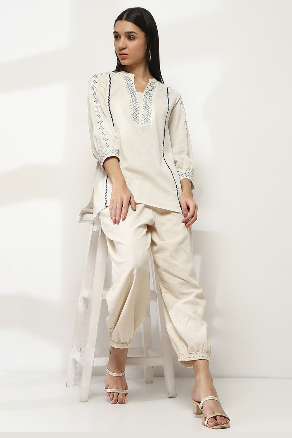 Ivory Cotton Blend Solid Pants image number 0