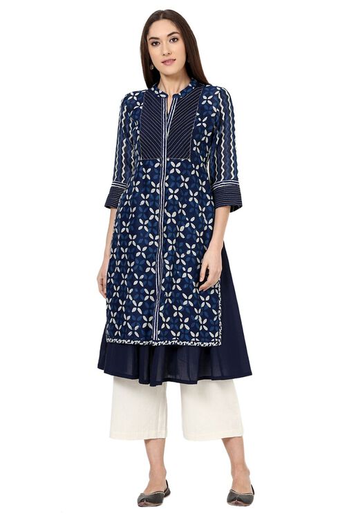Indigo Straight Poly Chanderi Kurta image number 0