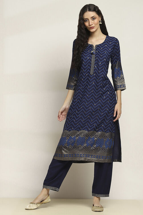 Indigo Viscose Rayon Printed Straight Kurta Pants Set image number 0