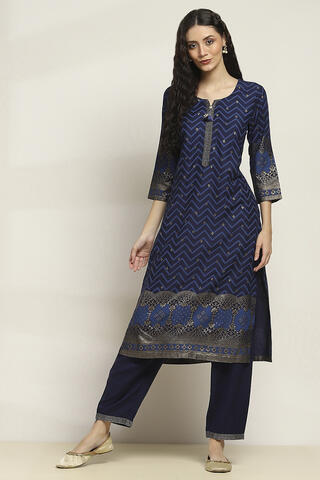 Rangriti Indigo Viscose Rayon Printed Straight Kurta Set in Indigo