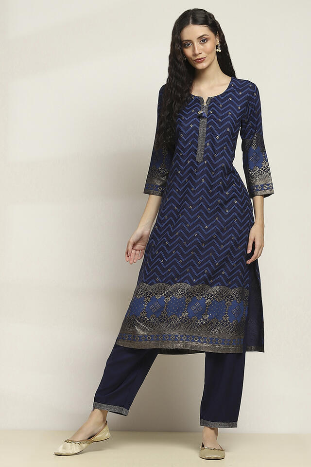 Rangriti Indigo Viscose Rayon Printed Straight Kurta Set in Indigo