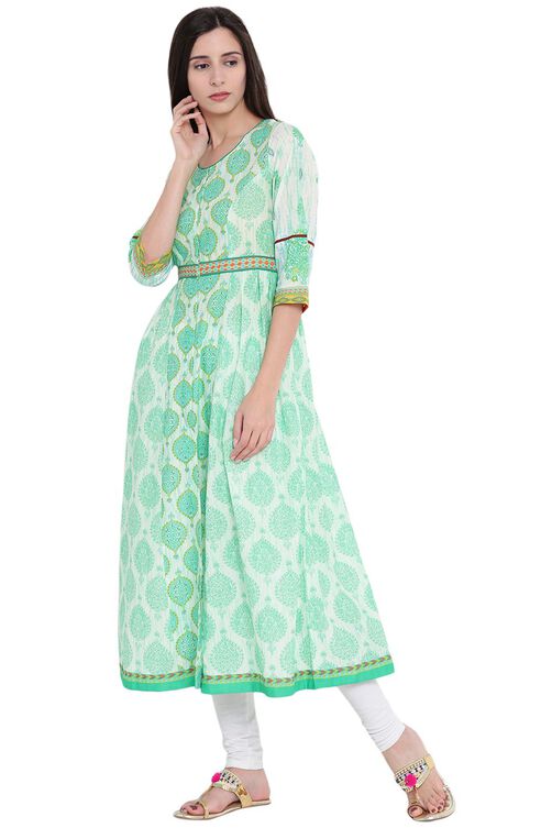 Green Cotton Kalidar Kurta image number 3