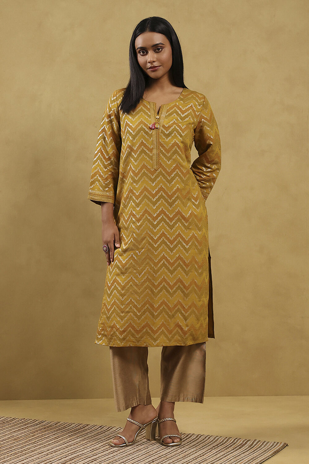 Yellow Viscose Blend Printed Straight Kurta image number 6