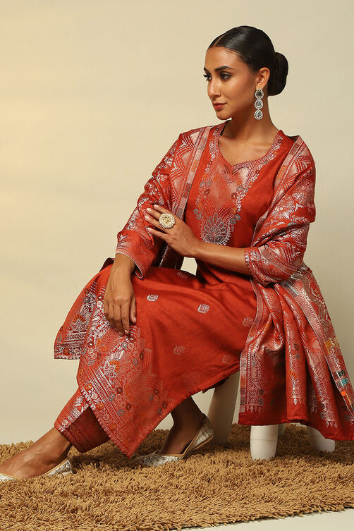 Rust-Red Acrylic Straight Yarn Dyed Kurta Palazzo Suit Set image number 0