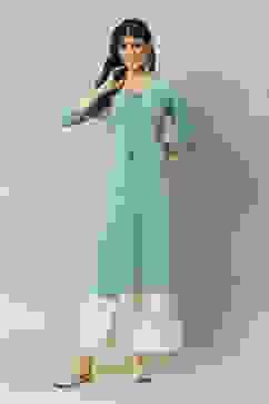 Green Polyester Straight Yarndyed Kurta image number 5