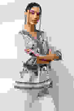 Blue Cotton Floral Printed Flared Top image number 4