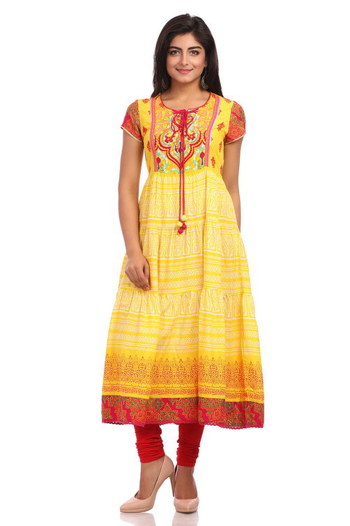 Yellow Flared Cotton Kurta image number 0