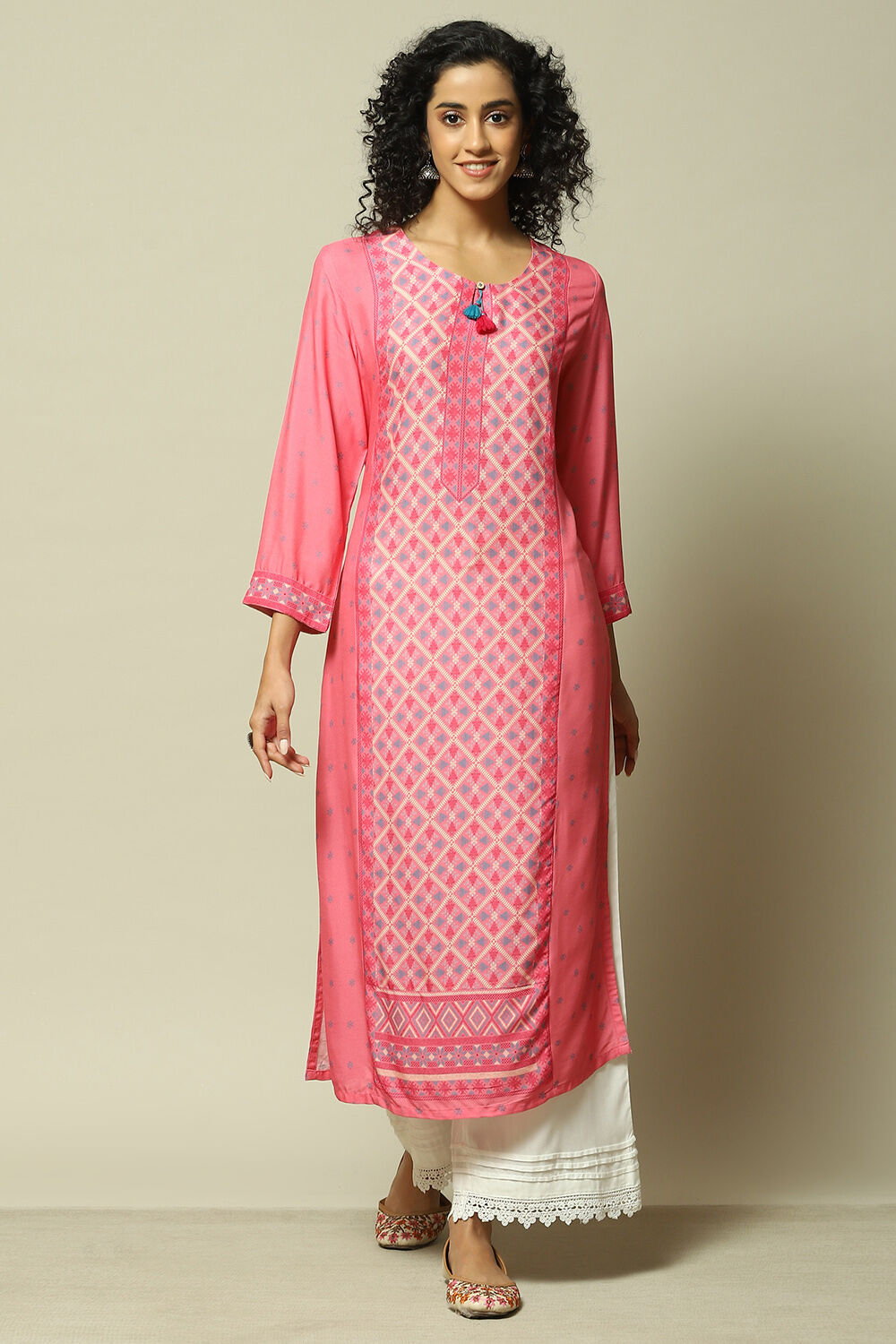 Pink LIVA Straight Printed Kurta image number 5