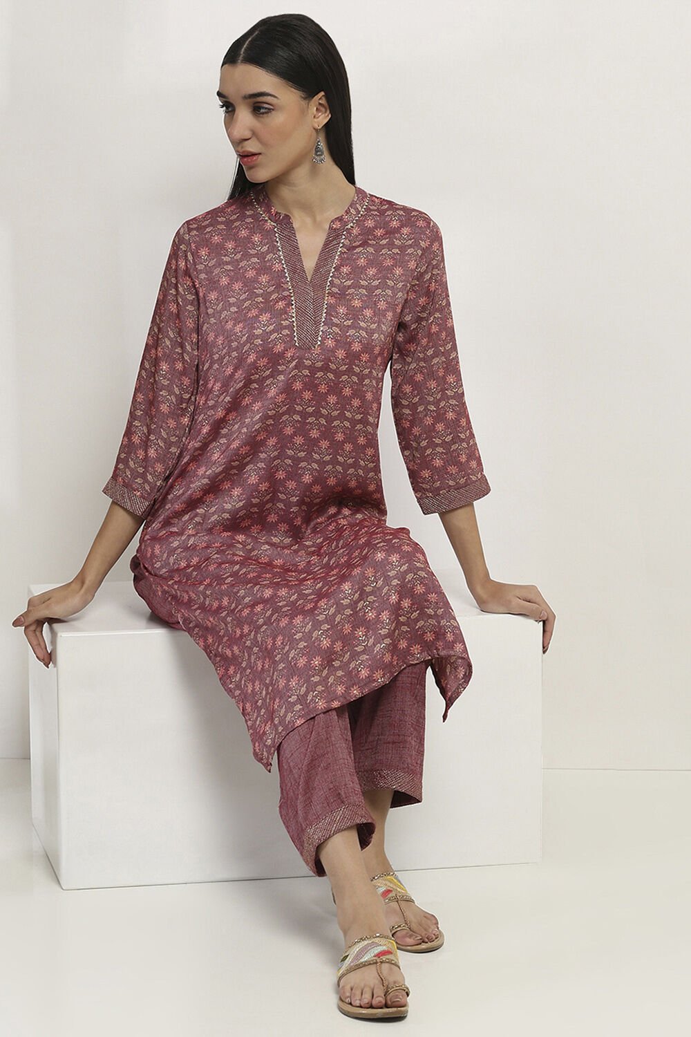 Maroon Printed Straight Kurta Set image number 0