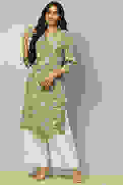Green Printed Straight Kurta image number 0