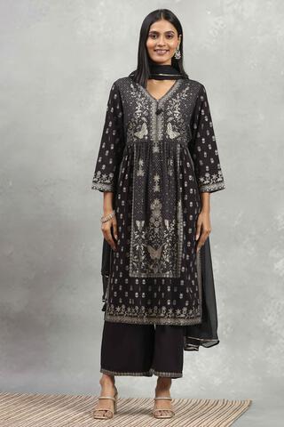 Rangriti Black Viscose Blend Printed Gathered Suit Set in Black