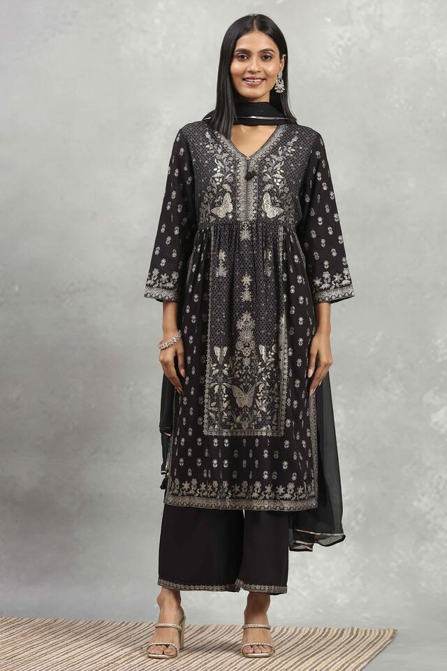 Rangriti Black Viscose Blend Printed Gathered Suit Set in Black