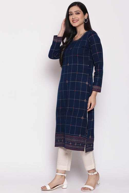 Teal Blue Poly Cotton Straight Kurta image number 2