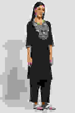 Navy Blue Cotton Blend Straight Kurta Set image number 5