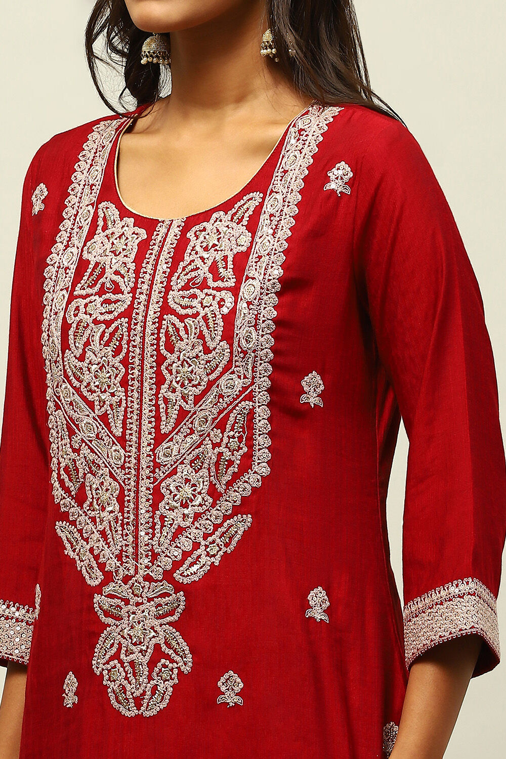 Maroon Viscose Blend Straight Embroidered Kurta Palazzo Suit Set image number 1