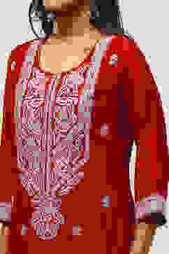 Maroon Viscose Blend Straight Embroidered Kurta Palazzo Suit Set image number 1